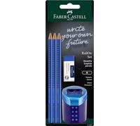 Faber-Castell 217083 - Set di matite Grip 2001, con gomma, temperamatite RollOn e 3 matite, set da scrittura blu