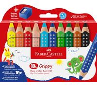 Faber-Castell 110636 Set Grippy, 10 Matitoni Colorati per Bambini Jumbo, Facilmente Lavabili, Forma Ergonomica Triangolare e Mina Spessa 10mm, Temperino Incluso