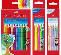 Faber-Castell - Penna colorata Jumbo Grip, astuccio in cartone da 12 + custodia Jumbo Grip colori neon + astuccio da 5 colori pastello