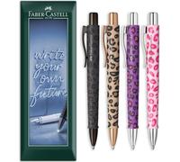 Faber-Castell Poly Ball XB - Penna a sfera Leo Edition, pennino extra largo, fusti multicolore a tema animale, inchiostro blu, confezione regalo da 4 penne