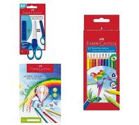 FABER-CASTELL - Set creativo con forbici, matite colorate e blocco | Con blocco da disegno A4, forbici con protezione per le lame e 12 matite colorate per bambini