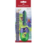 FABER-CASTELL - Set da scrittura Dino con matite, temperino e gomma | Set scolastico per bambini con 2 matite HB, temperino e gomma