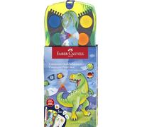 FABER-CASTELL - Set di acquerelli Connector Dino, 12 colori | Include bianco coprente, adesivi con dinosauri, vano per pennelli e spazio per il nome, colori incastrabili tra loro