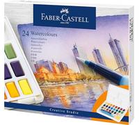 Faber-Castell - Set di colori ad acquerello, scatola da 24 colori | Comprende tavolozza per miscelare, pennello per il serbatoio dell'acqua e spugna, colori acquerellabili