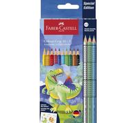 FABER-CASTELL - Set di matite colorate Dino, 13 pezzi, con adesivi inclusi | Pastelli resistenti alla rottura per bambini con 3 pastelli metallizzati e adesivi con i dinosauri