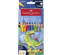 FABER-CASTELL - Set di matite colorate Jumbo Grip Dino, 10 pezzi | Matite colorate jumbo per bambini, 2 matite metallizzate e adesivi con dinosauri per idee creative di disegno