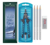 Faber-Castell Set per geometria e disegno, bussola a set rapido, 3 matite in grafite HB Grip 2001 e gomma senza polvere, per matematica, disegno tecnico, schizzi, in confezione regalo (blu perlato)