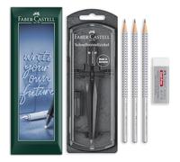 Faber-Castell Set per geometria e disegno, bussola a set rapido, 3 matite in grafite HB Grip 2001 e gomma senza polvere, per matematica, disegno tecnico, schizzi, in confezione regalo (pietra nera)
