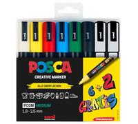 Faber-Castell uni-ball 186826 - Set di pennarelli POSCA, confezione da 8 penne acriliche PC-5M, 1,8 - 2,5 mm, 6 colori standard + 2 colori speciali alternati