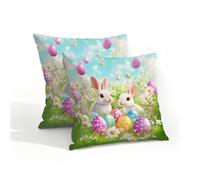 Fabpuro Set di 2 federe per cuscini impermeabili da esterno, 40 x 40 cm, graziose uova di coniglio pasquale, giardino, fiori, federe decorative per patio, giardino, tenda, divano