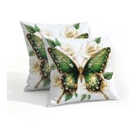 Fabpuro Set di 2 federe per cuscini impermeabili da esterno, 45 x 45 cm, con ali dorate, farfalle verdi, decorative, per patio, giardino, tenda, divano