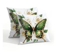 Fabpuro Set di 2 federe per cuscini impermeabili da esterno, 50 x 50 cm, con ali dorate, farfalle verdi, decorative, per patio, giardino, tenda, divano