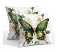 Fabpuro Set di 2 federe per cuscini impermeabili da esterno, 55 x 55 cm, con ali dorate, farfalle verdi, decorative, per patio, giardino, tenda, divano