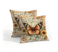 Fabpuro Set di 2 federe per cuscini impermeabili per esterni, 40 x 40 cm, motivo farfalla su spartiti in stile shabby chic, federe decorative per patio, giardino, tenda, divano