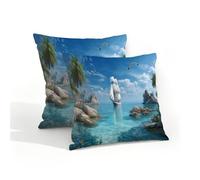 Fabpuro Set di 2 federe per cuscini impermeabili per esterni, 40 x 40 cm, motivo tropicale, paesaggio marino, oceano, cielo, federe decorative per patio, giardino, tenda, divano