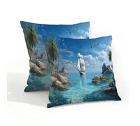 Fabpuro Set di 2 federe per cuscini impermeabili per esterni, 45 x 45 cm, motivo tropicale, paesaggio marino, oceano, cielo, decorativo, per patio, giardino, tenda, divano