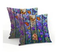 Fabpuro Set di 2 federe per cuscini impermeabili per esterni, 50 x 50 cm, in vetro colorato, iris blu, fiori e farfalle, federe decorative per patio, giardino, tenda, divano