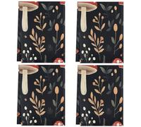 Fabpuro Strofinacci da cucina 45 x 72 cm, morbidi e assorbenti, in microfibra, ad asciugatura rapida, per bagno, decorazione della casa, foglie di fungo su sfondo nero, confezione da 4