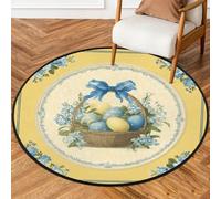 Fabpuro Tappeto rotondo da 0,9 m, lavabile, antiscivolo, per soggiorno, camera da letto, cameretta dei bambini, decorazione per la casa, cestino pasquale, uova, blu, floreale su sfondo giallo retrò