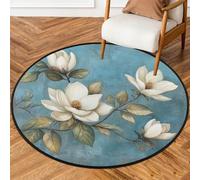 Fabpuro Tappeto rotondo da 0,9 m, lavabile, antiscivolo, per soggiorno, camera da letto, cameretta dei bambini, decorazione per la casa, vintage, fiori di magnolia, pittura artistica