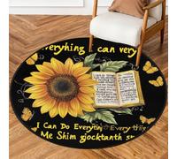 Fabpuro Tappeto rotondo da 0,9 m, lavabile, antiscivolo, per soggiorno, camera da letto, cameretta dei bambini, decorazione per la casa, con citazioni di girasoli e farfalle su sfondo nero