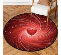 Fabpuro Tappeto rotondo da 0,9 m, lavabile, antiscivolo, per soggiorno, camera da letto, cameretta dei bambini, decorazione per la casa, San Valentino, con motivo a vortice rosso lucido e cuore