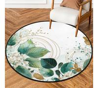 Fabpuro Tappeto rotondo da 0,9 m, lavabile, antiscivolo, per soggiorno, camera da letto, cameretta dei bambini, decorazione per la casa, verde salvia, foglie di eucalipto, linea oro floreale
