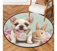 Fabpuro Tappeto rotondo da 0,9 m, lavabile, antiscivolo, per soggiorno, camera da letto, cameretta dei bambini, decorazione per la casa, grazioso bulldog francese, coniglietto animale domestico