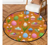 Fabpuro Tappeto rotondo da 1,5 m, lavabile, antiscivolo, per soggiorno, camera da letto, asilo, decorazione per la casa, uova di Pasqua primaverili, cestini, pulcini dei cartoni animati