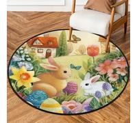 Fabpuro Tappeto rotondo da 1,5 m, lavabile, antiscivolo, per soggiorno, camera da letto, asilo, decorazione per la casa, giardino primaverile, floreale, coniglietti pasquali, uova