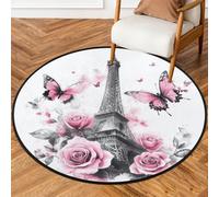 Fabpuro Tappeto rotondo da 1,5 m, lavabile, antiscivolo, per soggiorno, camera da letto, cameretta dei bambini, decorazione per la casa, torre Eiffel, rosa, rosa, floreale, farfalla
