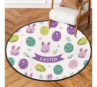Fabpuro Tappeto rotondo da 1,5 m, lavabile, antiscivolo, per soggiorno, camera da letto, cameretta dei bambini, decorazione per la casa, grazioso coniglietto con uova di Pasqua