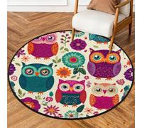 Fabpuro Tappeto rotondo da 1,5 m, lavabile, antiscivolo, per soggiorno, camera da letto, cameretta dei bambini, decorazione per la casa, motivo floreale con gufi bohémien
