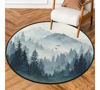 Fabpuro Tappeto rotondo da 1,5 m, lavabile, antiscivolo, per soggiorno, camera da letto, cameretta dei bambini, decorazione per la casa, paesaggio nebbioso, montagna, foresta, alberi