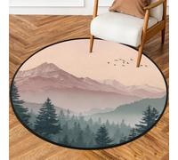 Fabpuro Tappeto rotondo da 1,5 m per soggiorno, camera da letto, asilo, lavabile, antiscivolo, per la decorazione della casa, vintage, montagna, foresta, uccelli, paesaggio artistico