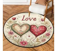 Fabpuro Tappeto rotondo da 1,5 m per soggiorno, camera da letto, asilo, lavabile, antiscivolo, per la decorazione della casa, vintage, San Valentino, amore, cuore, pianta