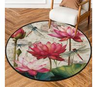 Fabpuro Tappeto rotondo da 1,5 m per soggiorno, camera da letto, asilo, lavabile, antiscivolo, per la decorazione della casa, bellissimi fiori di loto su lettera rustica