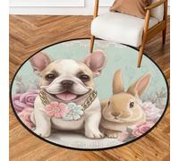 Fabpuro Tappeto rotondo da 1,5 m per soggiorno, camera da letto, asilo, lavabile, tappeto antiscivolo per la decorazione della casa, grazioso bulldog francese coniglietto animale domestico