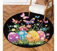 Fabpuro Tappeto rotondo da 1,5 m per soggiorno, camera da letto, asilo, lavabile, tappeto antiscivolo per la decorazione della casa, uova di Pasqua colorate farfalle
