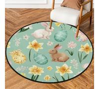 Fabpuro Tappeto rotondo da 1,5 m per soggiorno, camera da letto, asilo, lavabile, tappeto antiscivolo per la decorazione della casa, coniglietti pasquali, uova, fiori