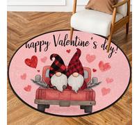 Fabpuro Tappeto rotondo da 160 cm, per soggiorno, camera da letto, asilo, lavabile, tappeto antiscivolo per la decorazione della casa Happy Valentines camion rosso plaid gnomi coppia