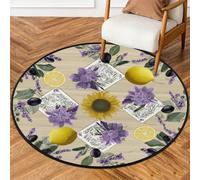 Fabpuro Tappeto rotondo da 92 cm, lavabile, antiscivolo, per soggiorno, camera da letto, cameretta dei bambini, decorazione per la casa, lavanda, girasoli, limoni su sfondo retrò