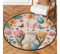 Fabpuro Tappeto rotondo da 92 cm, per soggiorno, camera da letto, asilo, lavabile, tappeto antiscivolo per la decorazione della casa, uova di Pasqua colorate, tulipani sul retro
