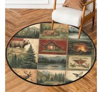 Fabpuro Tappeto rotondo natalizio da 0,9 m, lavabile, antiscivolo, per soggiorno, camera da letto, asilo, decorazione per la casa, retrò, cabina, caccia, animali, renne, orsi, uccelli