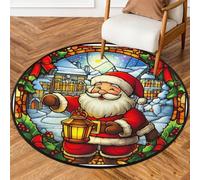 Fabpuro Tappeto rotondo natalizio da 0,9 m, lavabile, antiscivolo, per soggiorno, camera da letto, cameretta dei bambini, decorazione per la casa, vetro colorato, grazioso Babbo Natale