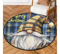 Fabpuro Tappeto rotondo natalizio da 1,5 m, per soggiorno, camera da letto, asilo, lavabile, antiscivolo, per la decorazione della casa, gnomo natalizio su tartan blu