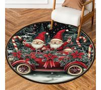 Fabpuro Tappeto rotondo natalizio da 1,5 m, per soggiorno, camera da letto, asilo, lavabile, antiscivolo, per la decorazione della casa, Natale, Babbo Natale, gnomo, vecchio camion