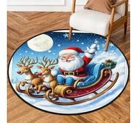 Fabpuro Tappeto rotondo natalizio da 1,5 m, per soggiorno, camera da letto, asilo, lavabile, antiscivolo, per la decorazione della casa, motivo natalizio con Babbo Natale e slitta