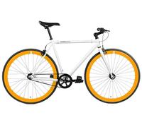 FabricBike Original - Bicicletta a scatto fisso, 28 pollici, Fixie Bike, Single Speed, Telaio Hi-Ten Acier, 10,45 kg (taglia M) (White & Orange, L-58cm)