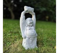 FABRIQ Joyful Buddha statuetta in pietra artificiale, per esterni, Zen, grigio, resistente alle intemperie, massiccia, altezza: 41 cm, peso: 8 kg